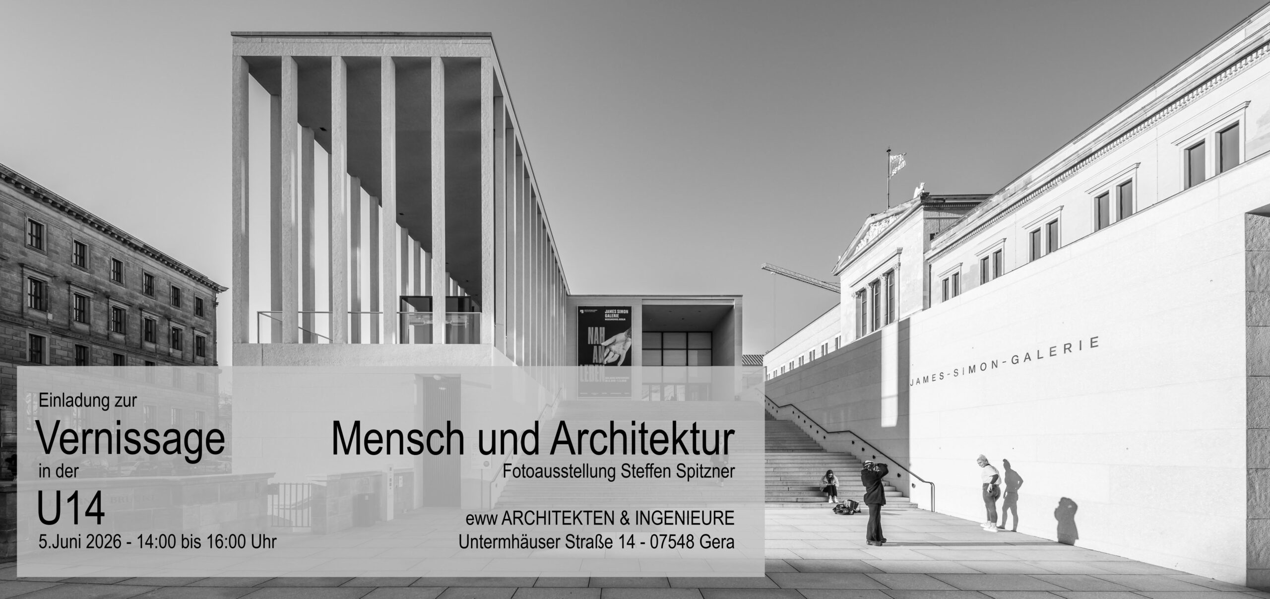 Flyer zur Vernissage „Mensch und Architektur“ mit Fotografien von Steffen Spitzner bei eww ARCHITEKTEN & INGENIEURE in Gera